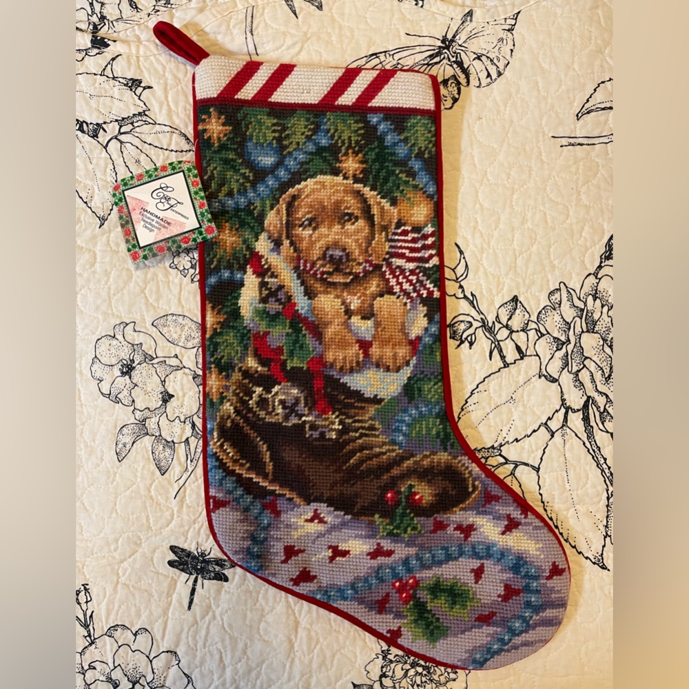 Beautiful Yellow Lab Dog Christmas Handmade Needlepoint Stocking NWT VERY RARE